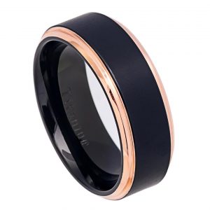 Two-Tone Black IP & Rose Gold IP Brushed Center Step Edge Titanium Ring