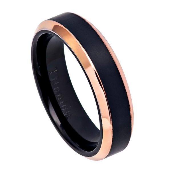 Two-Tone Black IP & Rose Gold IP Brushed Center Shiny Beveled Edge Titanium Ring Womans